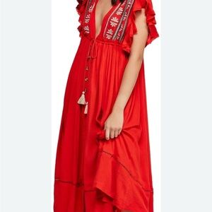Free People Red Plunge Neck Flutter Sleeve Sundress